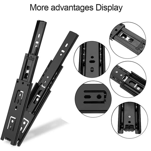 Heavy Duty 14 Inch Full Extension Drawer Slides Featuring Slick Ball Bearing Glides And Rust Resistant Zinc Coated Steel Rails For Smooth Kitchen Cabinets Closets And Office Furniture Upgrades In Practical Two Pack Black, showcasing rails and roller details.