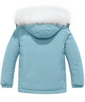 Back view of Girls Windproof Hooded Mountaineering Jacket For Ski And Snowboard Sessions Cozy Warm Winter Coat With Detachable Hood Adjustable Cuffs Thick Soft Lining Blue Size 8