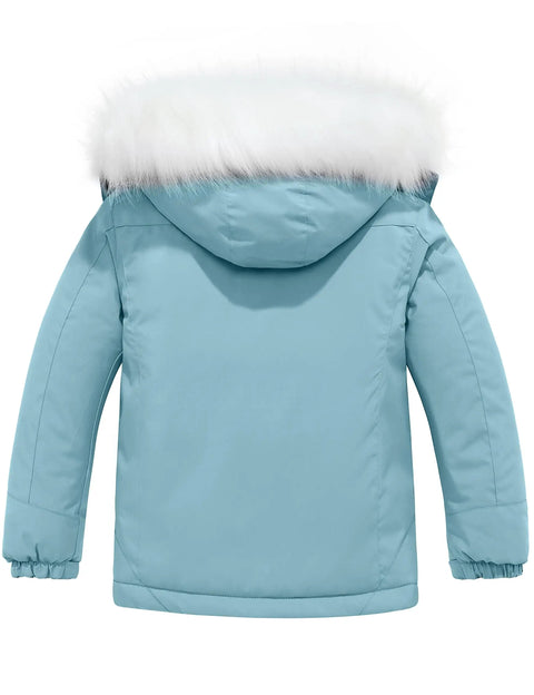 Back view of Girls Windproof Hooded Mountaineering Jacket For Ski And Snowboard Sessions Cozy Warm Winter Coat With Detachable Hood Adjustable Cuffs Thick Soft Lining Blue Size 8
