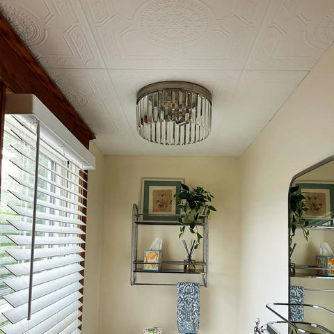 No Sweat Glue Up Foam Ceiling Tiles EZ Install Hides Popcorn Texture Fast Lightweight Styrofoam in a bright room.
