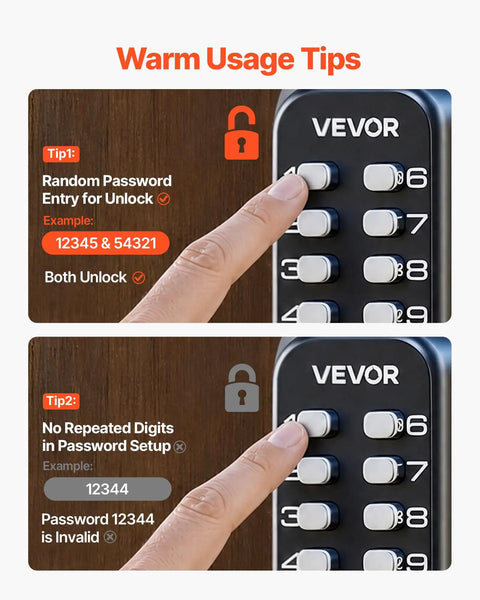 Rugged Mechanical Keyless Entry Lock With 14-Digit Keypad For Outdoor Gates And Garages, waterproof lock usage tips shown on keypad.