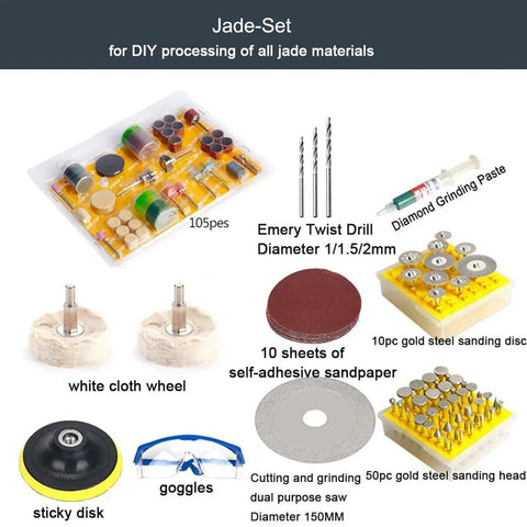 Jade-Set for DIY processing with accessories: drills, grinding paste, cloth wheels, sandpaper sheets, sticky disk, goggles.