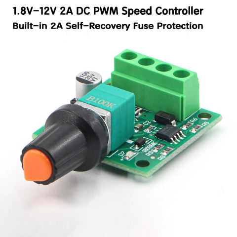 Premium PWM DC Motor Speed Controller Ver 2.0 1.8V To 12V Input With Max 15V 2A Self Recovery Fuse And On Off Switch, close-up view.