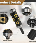 No Sweat 1/2 Inch Flush Trim Router Bit With Dual Top And Bottom Bearings showing carbide blades, Wolfram steel, and modular design details.
