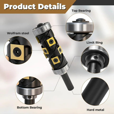 No Sweat 1/2 Inch Flush Trim Router Bit With Dual Top And Bottom Bearings showing carbide blades, Wolfram steel, and modular design details.