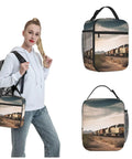 Person carrying Insulated Lunch Bag With Detachable Handle For Women And Men, Leakproof Cooler Tote with desert train print.