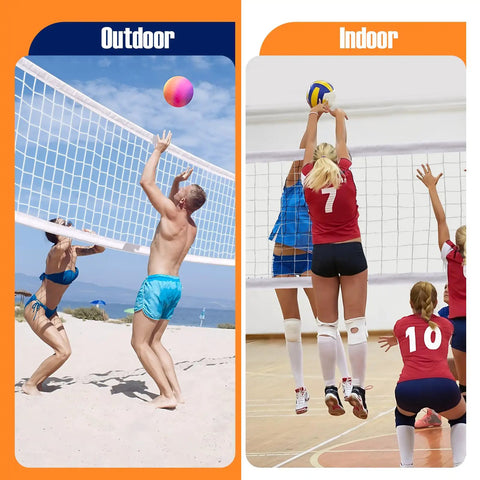 Comparison between outdoor and indoor volleyball play with focus on heavy duty volleyball net for backyard and pool play, 32x3 feet.