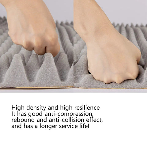 Slick Self Adhesive Acoustic Foam Panels 2Cm Thick Sound Dampening Wall Tiles For Home Studio Noise Reducing, showing hand pressing foam texture.
