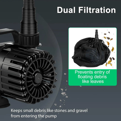 100W Submersible Pond Pump For Koi Ponds And Water Features, 1800 GPH, dual filtration with barrier bag and mesh screen