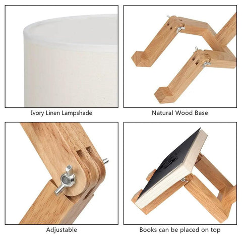 Close-up of Cute Desk Lamp With Wood Base And Changeable Shape, featuring adjustable natural wood base and ivory linen lampshade.