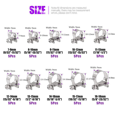 Hose clamp kit: 50 pieces of 304 stainless steel mini fuel-injection line clamps in 10 sizes for automotive use