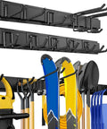 64 Inch Garage Storage Wall Mount Tool Organizer with 620Lb Load Capacity, heavy-duty metal hooks, rakes, brooms, and snowboards.