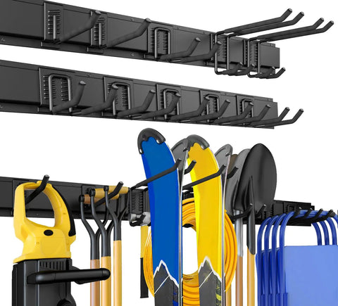 64 Inch Garage Storage Wall Mount Tool Organizer with 620Lb Load Capacity, heavy-duty metal hooks, rakes, brooms, and snowboards.