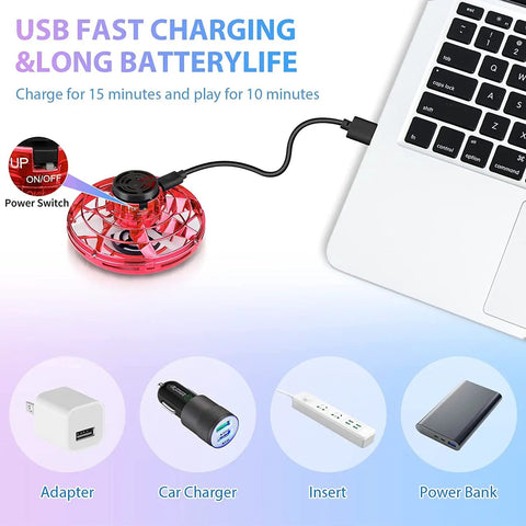 Mini UFO Drone Spinner with Hand Control Dope Boomerang Flying Fidget Toy charging via USB on laptop