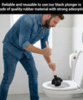 Man using Six Piece Heavy Duty Toilet Plunger Set With Holder, 18 Inch Commercial Rubber Force Cups For Stubborn Clogs in bathroom.