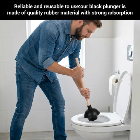 Man using Six Piece Heavy Duty Toilet Plunger Set With Holder, 18 Inch Commercial Rubber Force Cups For Stubborn Clogs in bathroom.