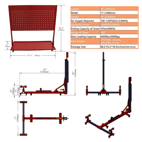 Pro Grade Auto Frame Machine With 98 kN Pulling Power And 4400 Lb Capacity, detailed dimensions and specifications shown