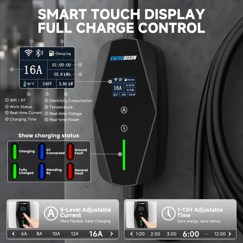 Straight Up Level 1 2 Electric Charger With 25 Foot Extension Cord And Slick Wifi App Tracking display showing charging status.