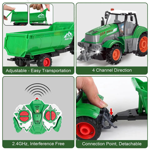 Remote Control Tractor Toy Set with 1/24 scale farm vehicle, dump trailer, and 2.4GHz controller