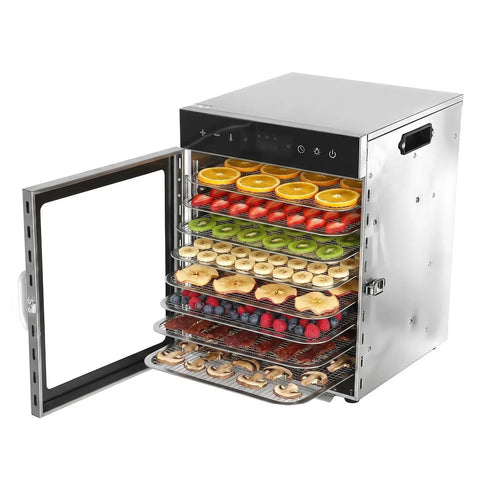 Heavy Duty Electric Food Dehydrator With 12 Detachable Trays And 1000W Dual Fan displaying assorted fruits ready for drying.