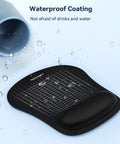 Ergonomic Memory Foam Wrist Rest Mouse Pad with waterproof coating shown with water droplets, non-slip base visible.