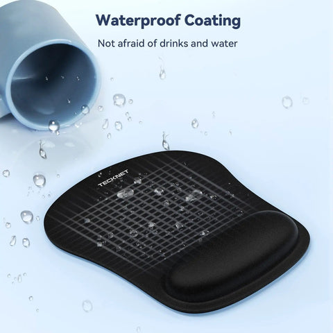 Ergonomic Memory Foam Wrist Rest Mouse Pad with waterproof coating shown with water droplets, non-slip base visible.
