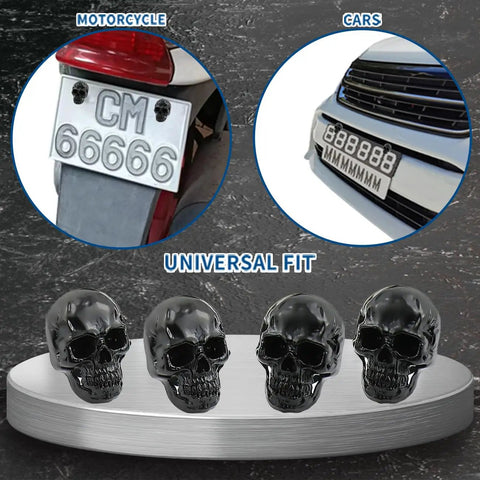 Badass Skull License Plate Screws And Motorcycle Plate Bolts Featuring Four Piece Black Fastener Set on motorcycle and car plates.