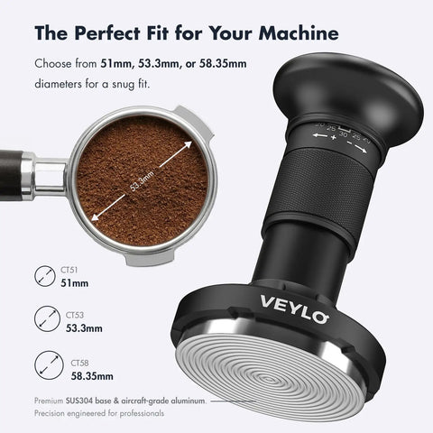 53.3mm espresso tamper adjacent to filled portafilter, showcasing 54mm Espresso Tamper With Adjustable 20 To 30 Lb Dial Audible Click Feedback 24 Dial Steps Top Notch Precision 20 25 30 Lb Marks No Spring Swap Stainless Steel Flat Base Black