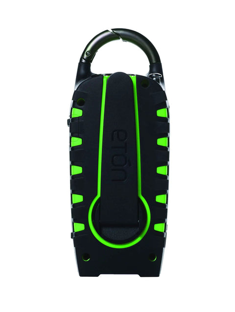 Back view of Rugged Multipowered Portable Emergency Weather Radio And Flashlight With Hand Crank Solar Power USB Smartphone Charger LED