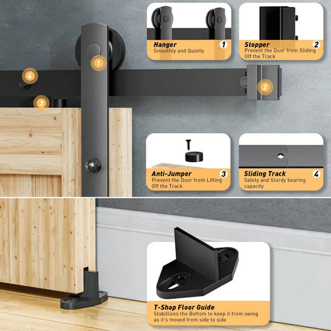 Heavy Duty 6.6ft Sliding Barn Door Hardware Kit Black For 1 3 8 Inch To 1 3 4 Inch Doors No Fuss Easy Install Smooth Quiet Rollers I Shape Hangers 260 LB Weight Capacity showing installation parts and functions