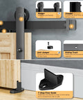 Heavy Duty 5Ft Sliding Barn Door Hardware Kit With Door Hook And Two Handles Easy To Install Smooth Quiet Rolling Supports Up To 260 lb Fits 1 3 8 Inch To 1 3 4 Inch Door Thickness Black I Shape Hanger components labeled