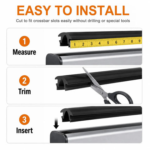 Easy installation steps for Stop That Highway Howl With Universal Roof Rack Crossbar Rubber Strip Insert for RV camper tops.