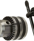 Kickass Heavy Duty Drill Press Chuck 1/32 To 1/2 Inch JT33 Taper Mount With Key close-up, metallic finish, ideal for smooth operation in projects.