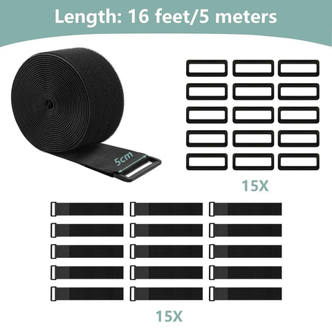 2 Inch Wide Heavy Duty Cable Straps With 15 Buckles, 16 Ft Reusable Hook And Loop Ties, black straps, buckles arrangement