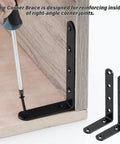 Heavy Duty L Brackets And Corner Braces 5 X 3 Inch Solid Steel 4 Pack With Black Rust Proof Coating reinforcing a right-angle corner joint.