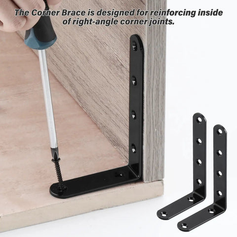 Heavy Duty L Brackets And Corner Braces 5 X 3 Inch Solid Steel 4 Pack With Black Rust Proof Coating reinforcing a right-angle corner joint.