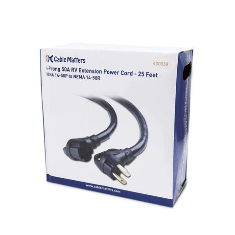 Box of Cable Matters 4-prong 50A RV Extension Power Cord NEMA 14-50P to NEMA 14-50R, 25 feet