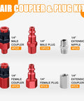 34-Piece 1 Quarter Inch Quick Connect Air Fittings Kit components including male and female couplers, plugs, and nipples displayed.