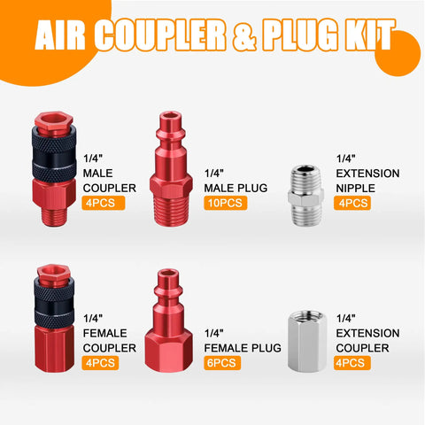 34-Piece 1 Quarter Inch Quick Connect Air Fittings Kit components including male and female couplers, plugs, and nipples displayed.