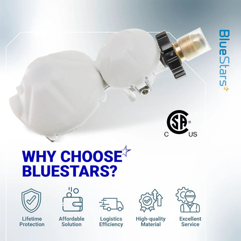 Two stage propane regulator for RVs by BlueStars with compact design and high-flow capabilities for grills and outdoor appliances.