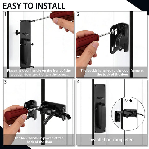 Installation steps for Top Shelf Thumb Press Gate Latch With Slick Grip Handle Rock Solid Black Metal Yard Lock for outdoor use.