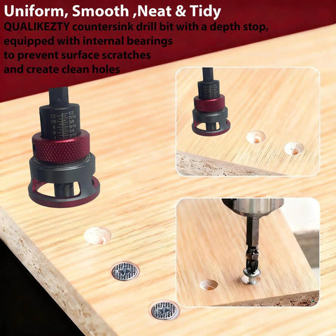 Pro Grade Countersink Drill Bit Set With Adjustable Depth Stop Aluminum Collar creating clean holes in wood surface