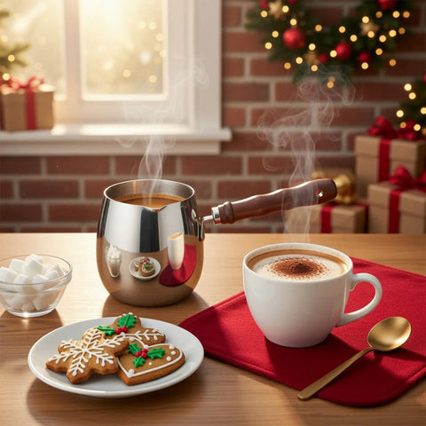 Two Size Turkish Coffee Pot And Milk Warmer Set In 13.5 Oz And 20 Oz, 18 By 8 Stainless Steel With Wooden Handle next to coffee cup and cookies