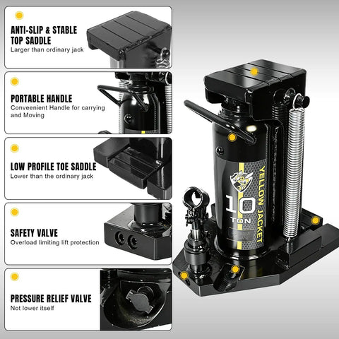 10 Ton Hydraulic Toe Jack With 5 Ton Claw Low Profile Lift Rig showing anti-slip saddle and portable handle details.