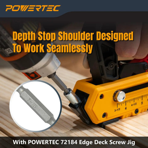Badass Grip T15 Torx Driver Bit Two Pack Four Inch Extended Reach Decking Bits mounted in POWERTEC screw jig on wood