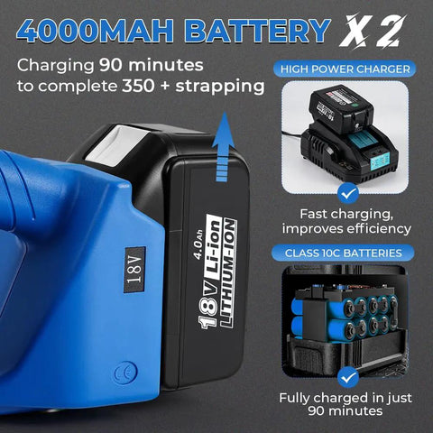 18V Li-Ion battery for Handy Workhorse Semi Automatic Electric Strapping Machine, charging quickly for enhanced efficiency.
