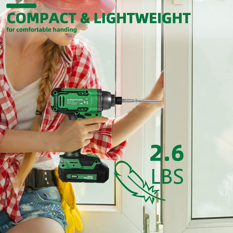 Person using Compact 20V Max Cordless Impact Driver Kit With 1060 In-Lbs Torque to drill into window frame