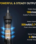Close-up of Compact 76 In 1 USB Charged Electric Screwdriver Kit showing battery and rotation specs for electronics repair.