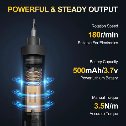 Close-up of Compact 76 In 1 USB Charged Electric Screwdriver Kit showing battery and rotation specs for electronics repair.