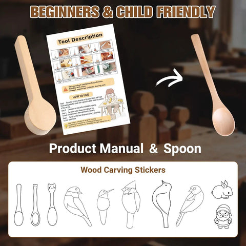 Starter Wood Carving Kit For Beginners And Kids, 20 Piece Set With Eight Whittling Knives, manual and spoon details